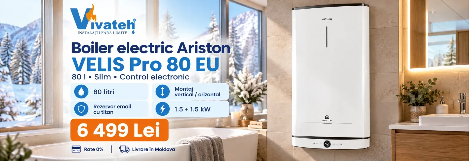 Boiler electric Ariston Velis 80 pentru apă caldă menajeră, disponibil la Vivateh.