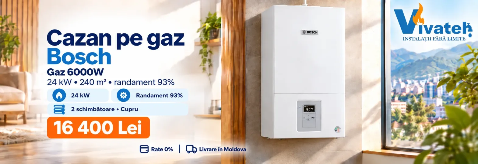 Cazan pe gaz Bosch Gaz 6000W de 24 kW, la 16 400 lei, cu rate 0% și livrare în Moldova.