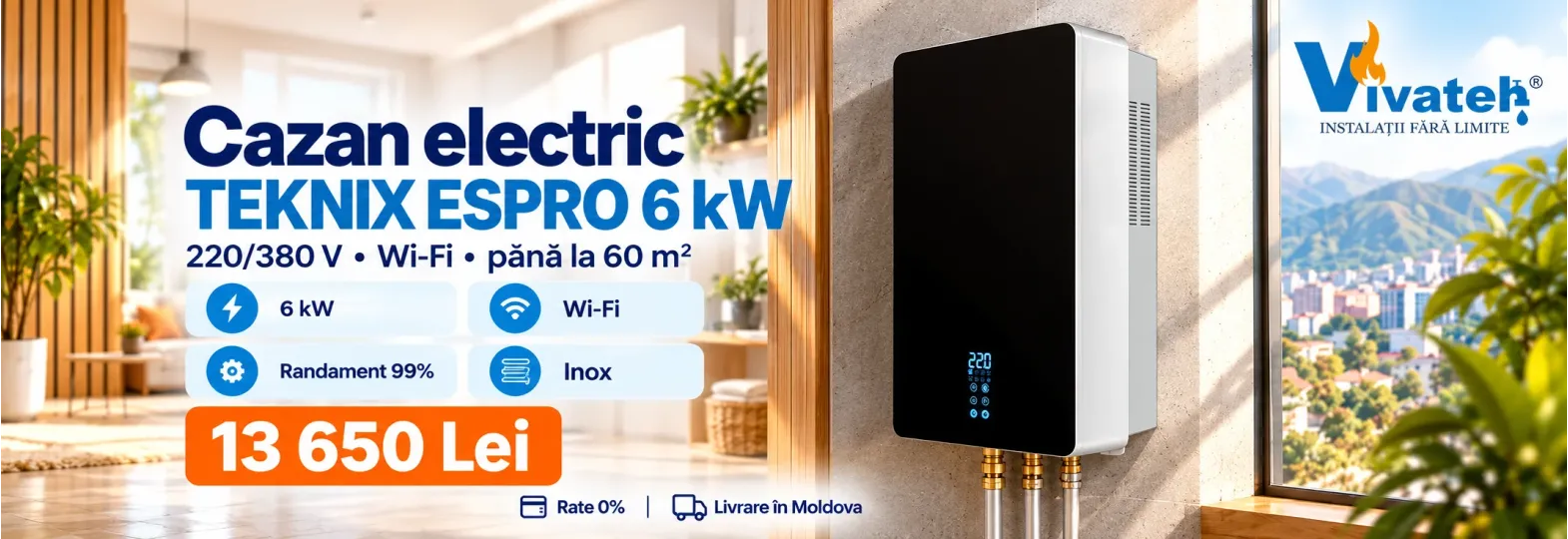 Cazan electric TEKNIX ESPRO de 6 kW cu Wi-Fi, la 13 650 lei, prezentat într-un interior cu decor de iarnă.