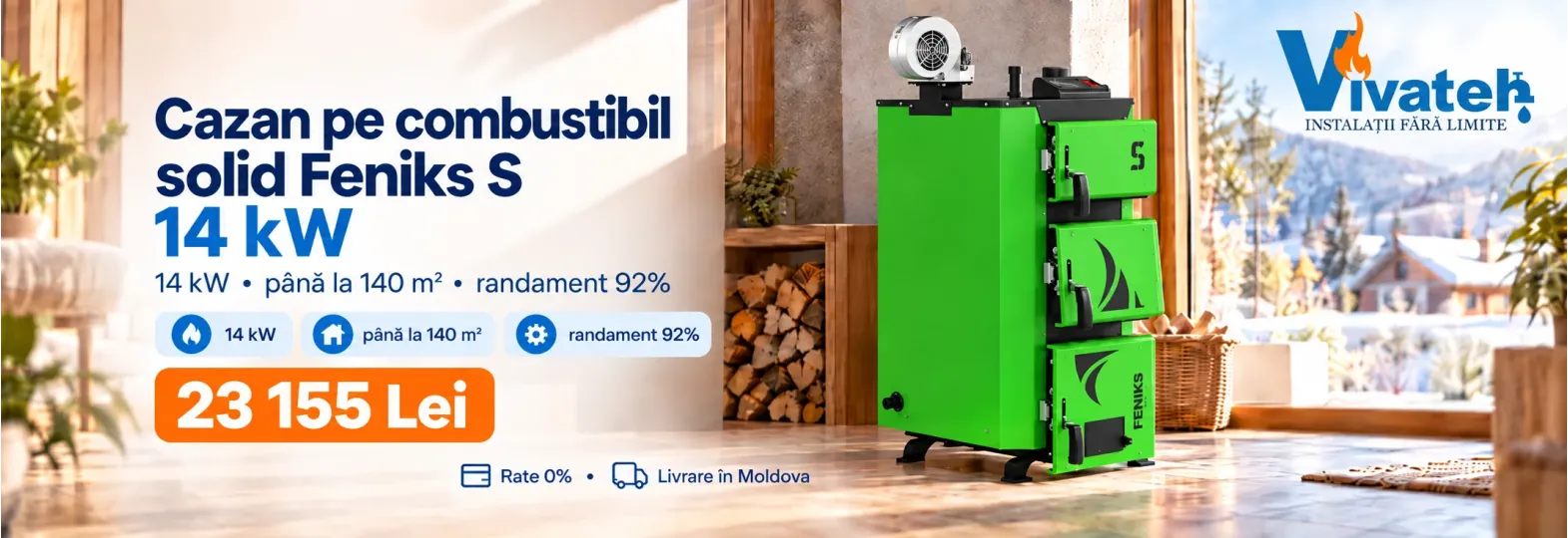 Cazan verde pe combustibil solid Feniks S de 14 kW, la 23 155 lei, cu livrare în Moldova.