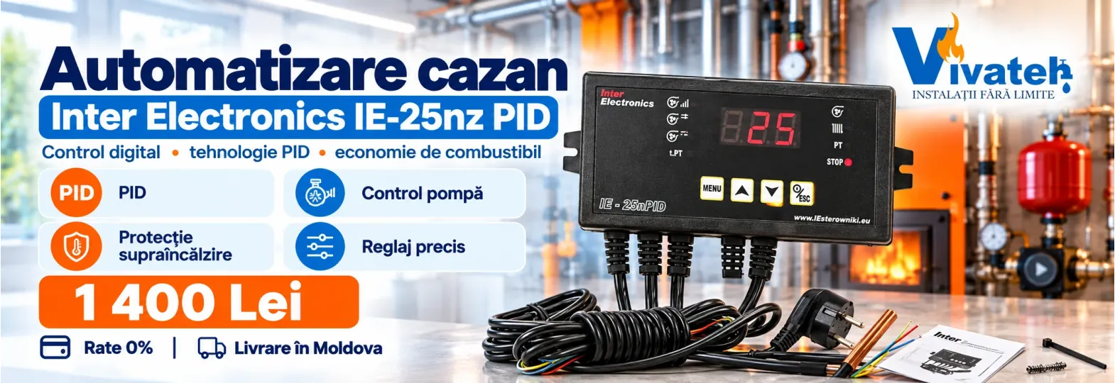 Automatizare pentru cazan Inter Electronics IE-25nz PID, cu afișaj digital și cabluri, la 1 400 lei