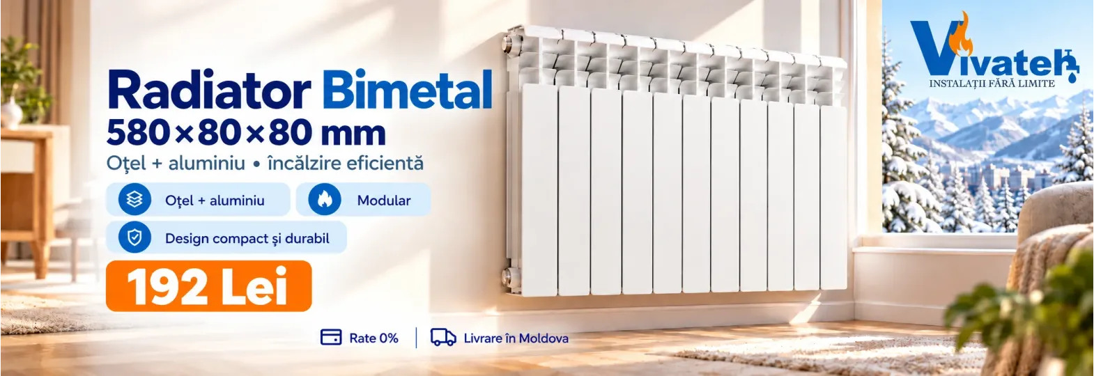 Radiator bimetal alb din oțel și aluminiu, cu dimensiunea indicată de 580 × 80 × 80 mm și preț afișat de 192 lei.