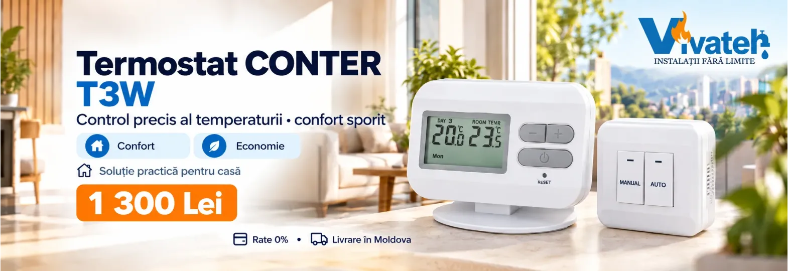 Termostat CONTER T3W cu afișaj digital și receptor, la 1 300 lei, pentru controlul temperaturii în locuință.