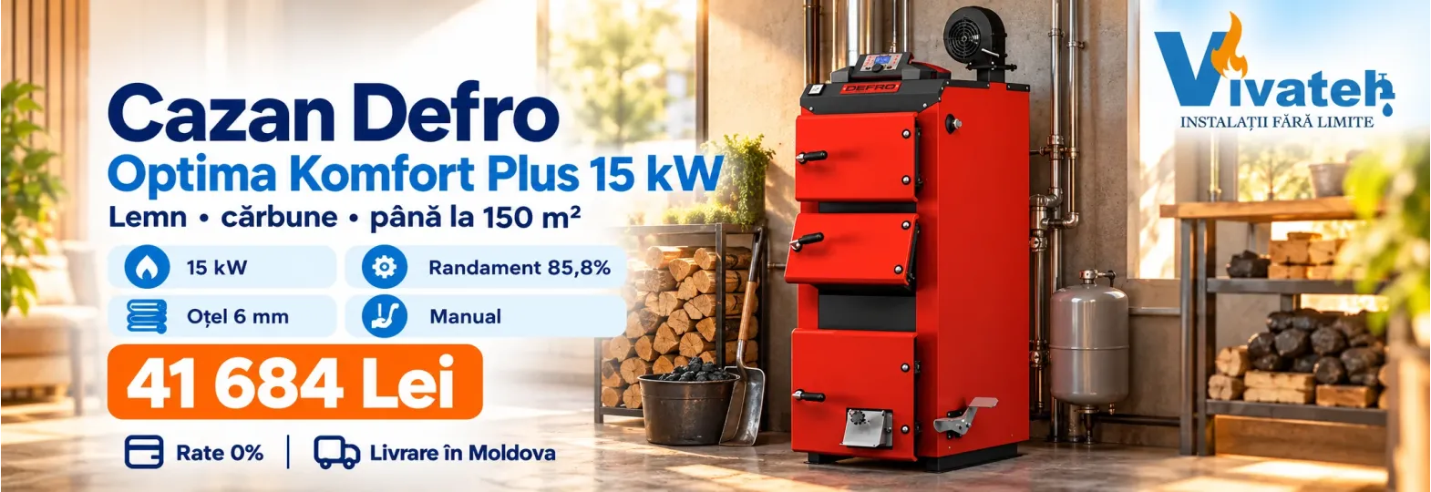 Cazan roșu Defro Optima Komfort Plus de 15 kW, pentru lemn și cărbune, la 41 684 lei.