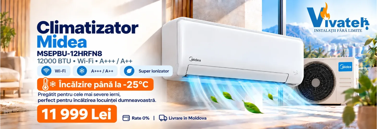 Climatizator Midea MSEPBU-12HRFN8 de 12 000 BTU cu Wi-Fi, la 11 999 lei, cu încălzire indicată până la −25°C.