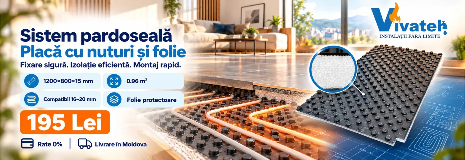 Placă cu nuturi și folie pentru încălzire în pardoseală, de 1 200 × 800 × 15 mm, la prețul afișat de 195 lei.