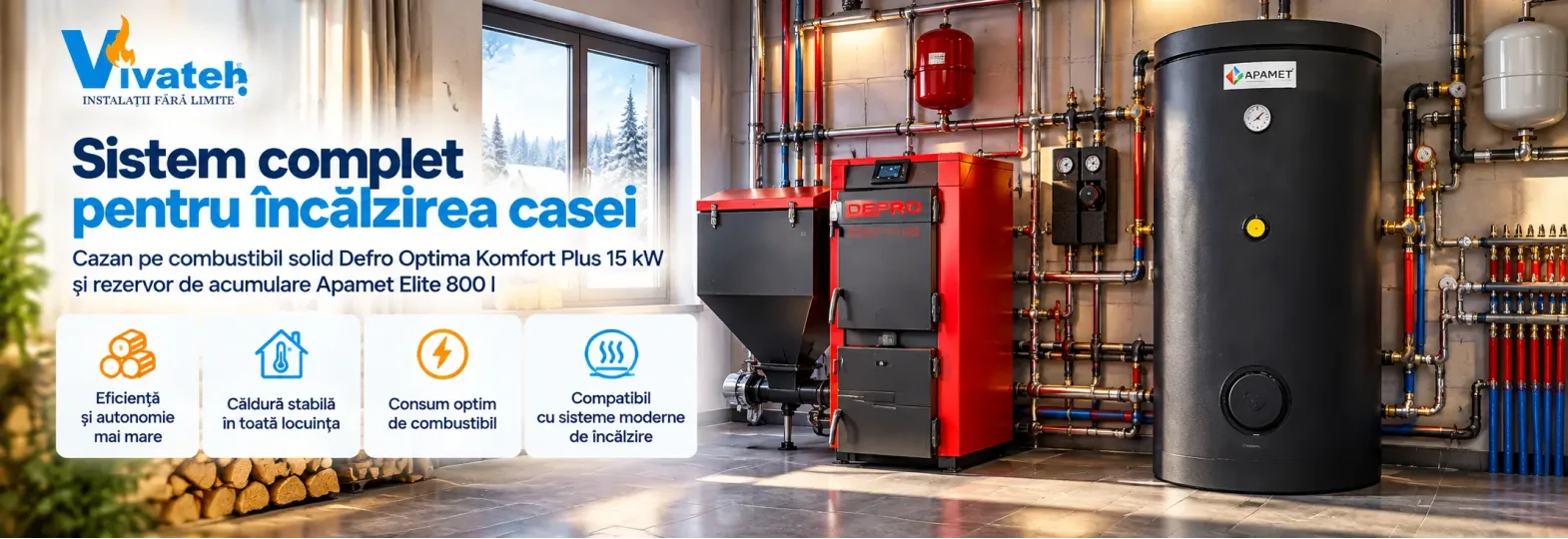 Sistem de încălzire cu cazan Defro, rezervor de acumulare Apamet Elite de 800 l, pompe și conducte într-o cameră tehnică.