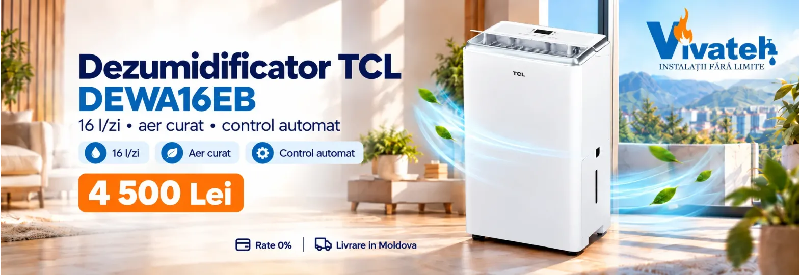 Dezumidificator alb TCL DEWA16EB, cu capacitate de 16 litri pe zi și control automat, la 4 500 lei.