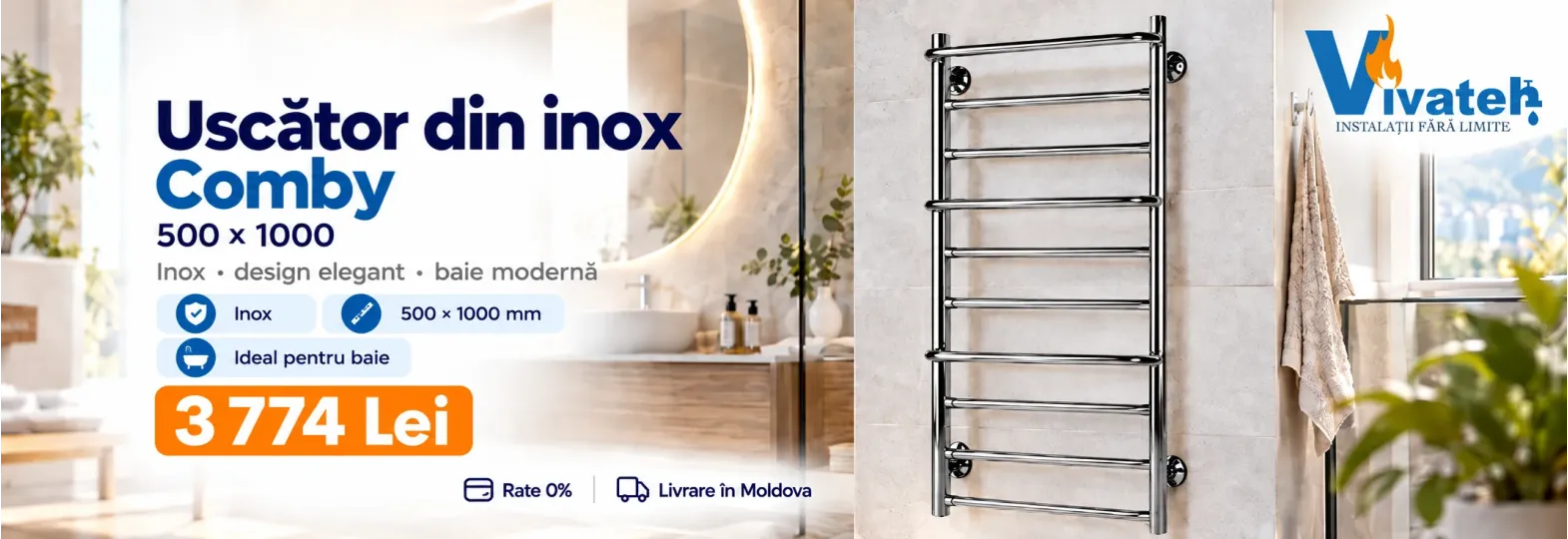 Uscător de prosoape Comby din inox, de 500 × 1 000 mm, montat pe peretele unei băi, la 3 774 lei